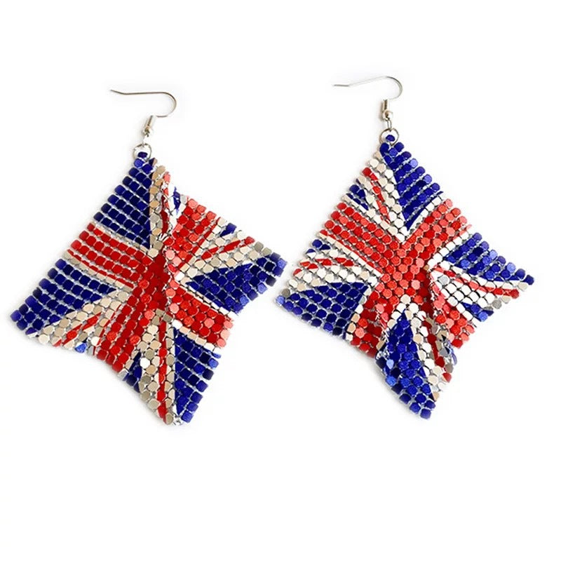Women's Long Rhinestone Mesh Earrings American Flag Design Fishhook Lightweight