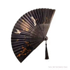 Hand-Painted Crane and Plum Blossom Fan with Carved Wooden Ribs and Silk Tassel, One Size