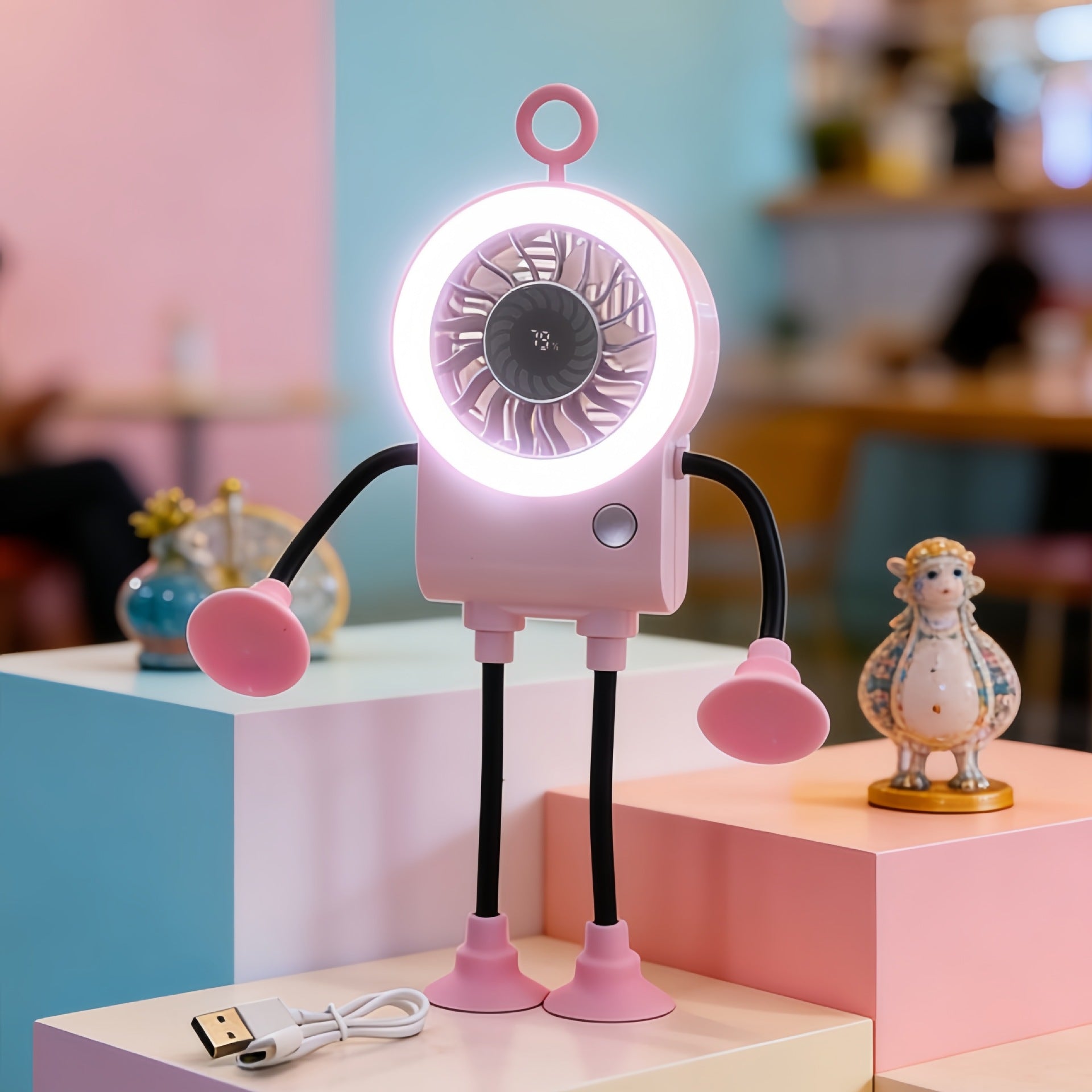 Creative Table Fan with LED Light and Ergonomic Flexible Legs Compact Portable Cooling Fan for Desk or Nightstand