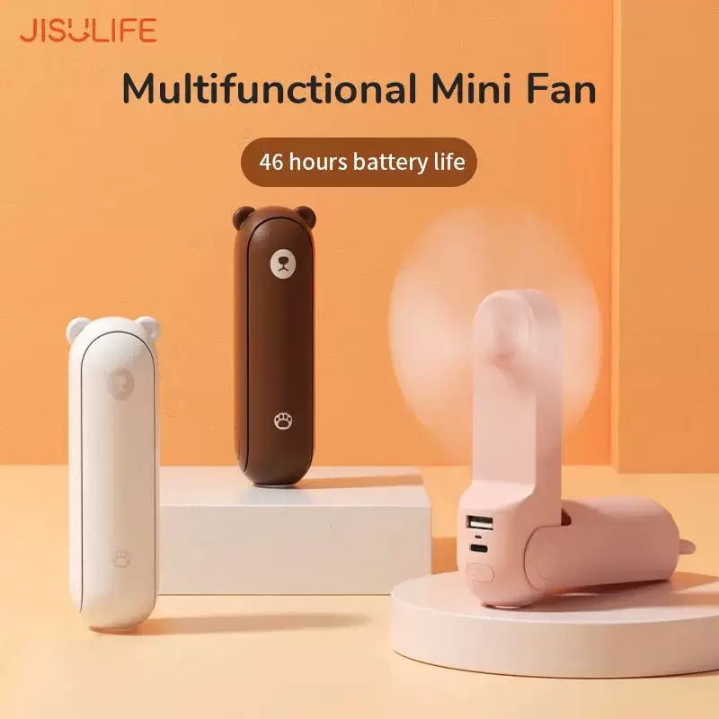 Foldable Rechargeable Mini Handheld Fan with Power Bank USB-C USB-A Ports and Wrist Strap