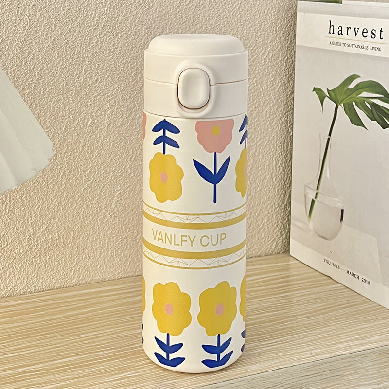 Women's Insulated Stainless Steel Water Bottle Leak-Proof Flip Top Floral Design