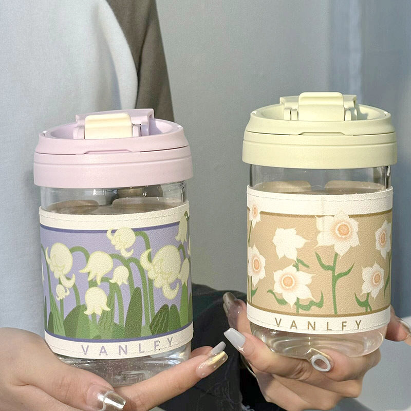 Ladies Insulated Drinking Cup with Floral Pattern Silicone Lid Flip-Top Spill Proof