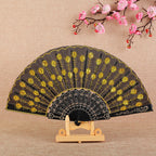 Handmade Ladies Fan Black Fabric Wood Blue Floral Embroidered Design
