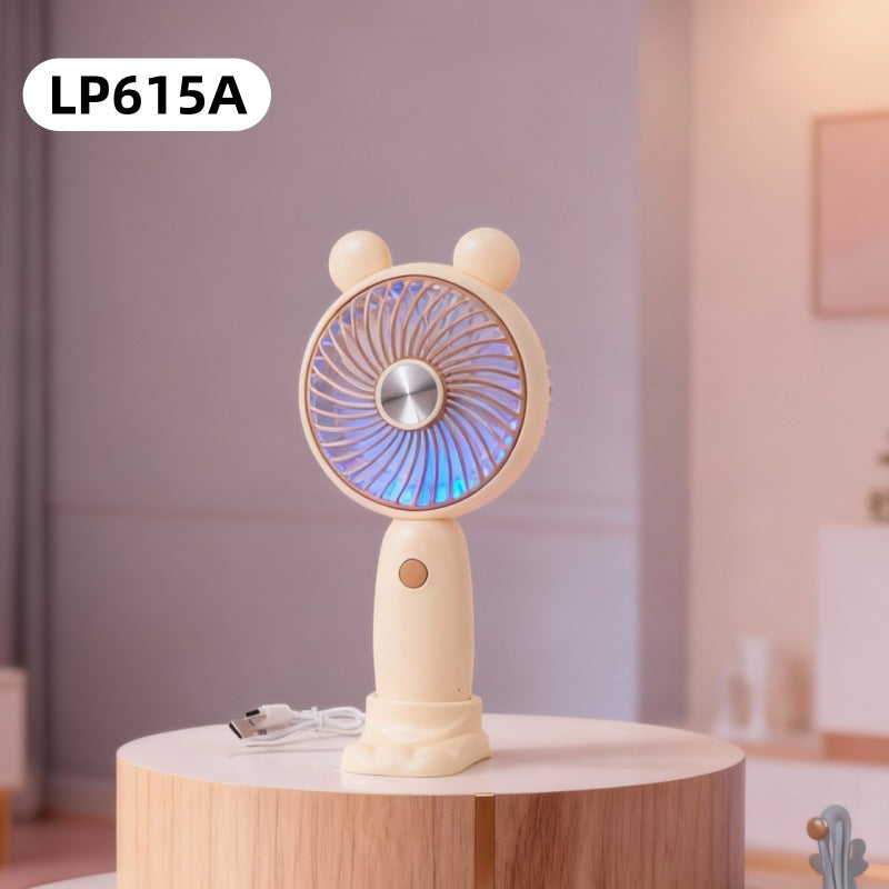 Portable USB Mini Hand Fan Rechargeable Quiet Motor LED Light Bear Ears Design
