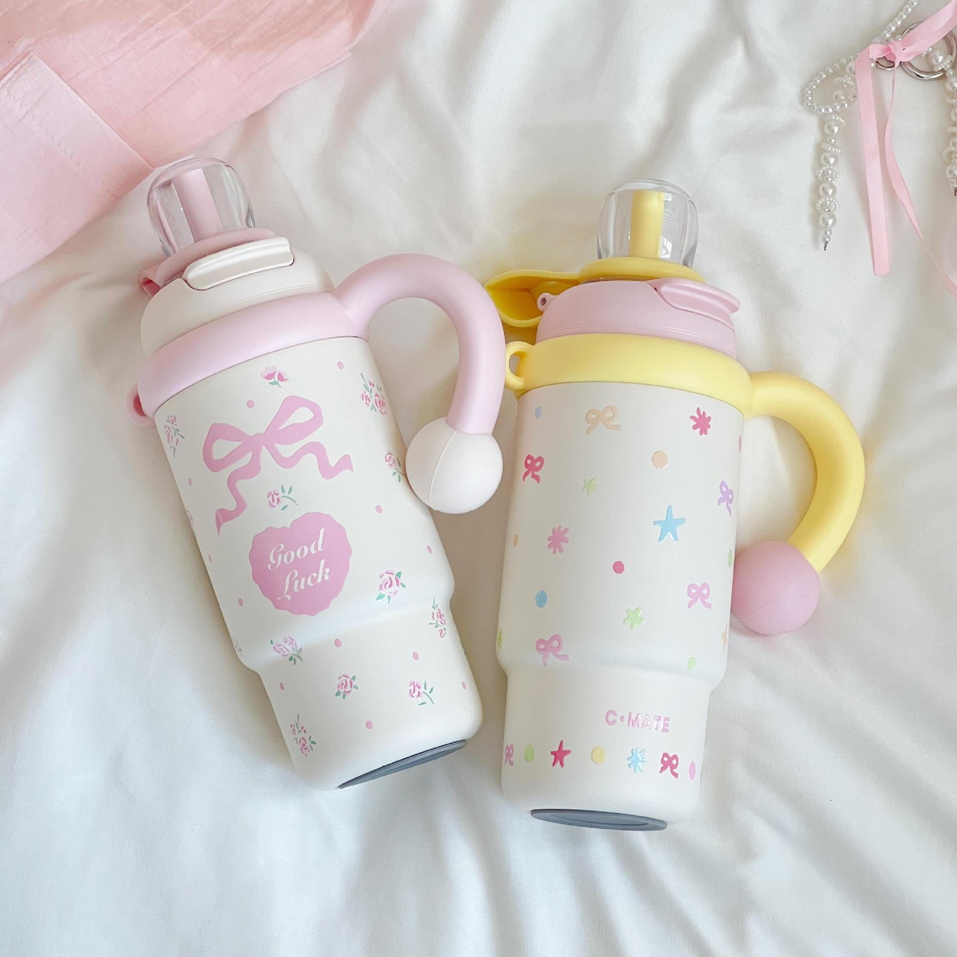Insulated Women’s Water Bottle Leak-Proof Lid Built-In Straw Floral Design Compact Size