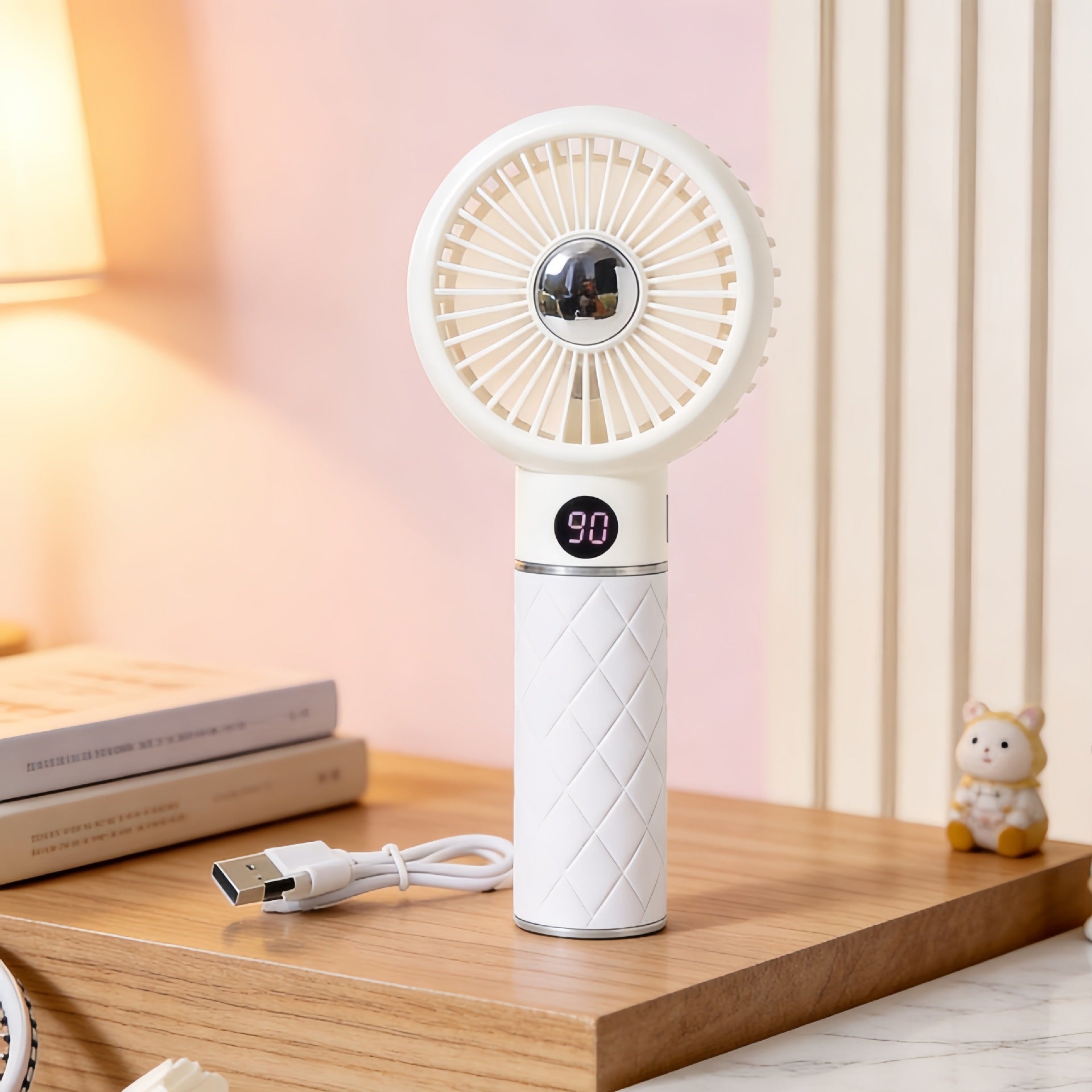 Women Portable Hand Fan with Digital Speed Display and Bear Design USB Rechargeable