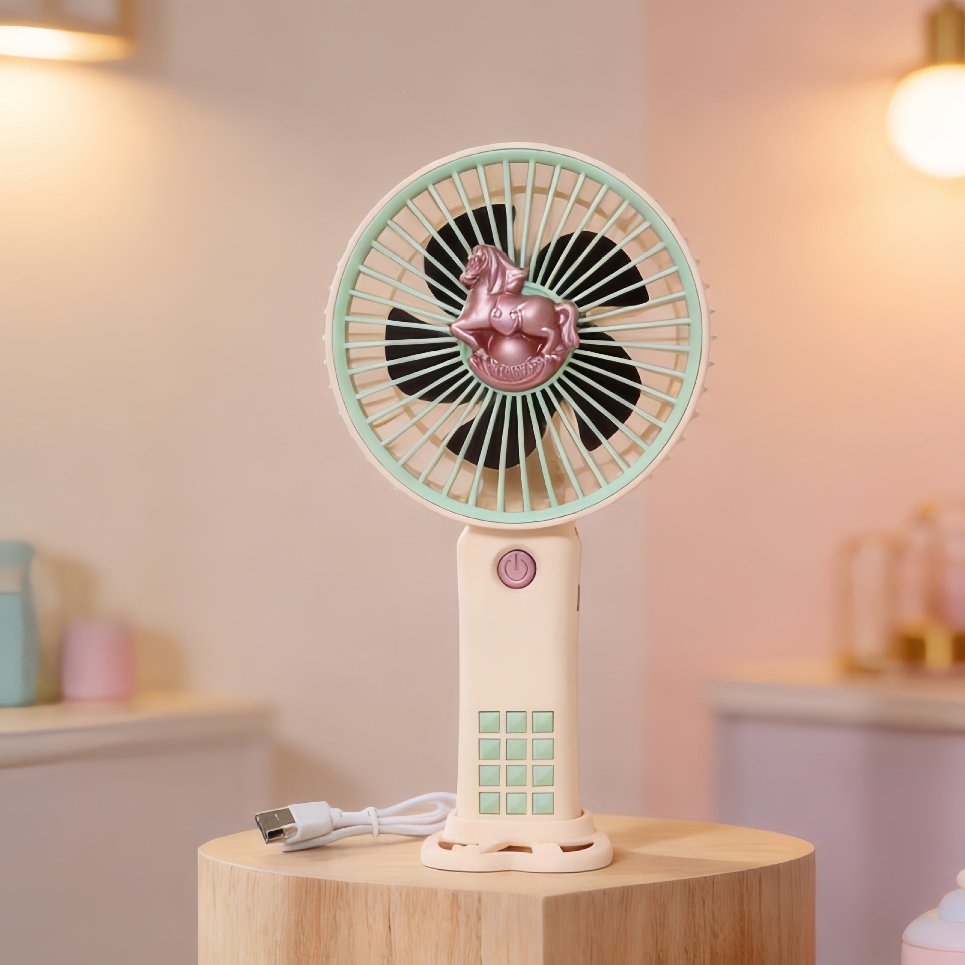 Portable Rechargeable Hand Fan for Women with Playful Horse Motif Multiple Speeds Compact Design