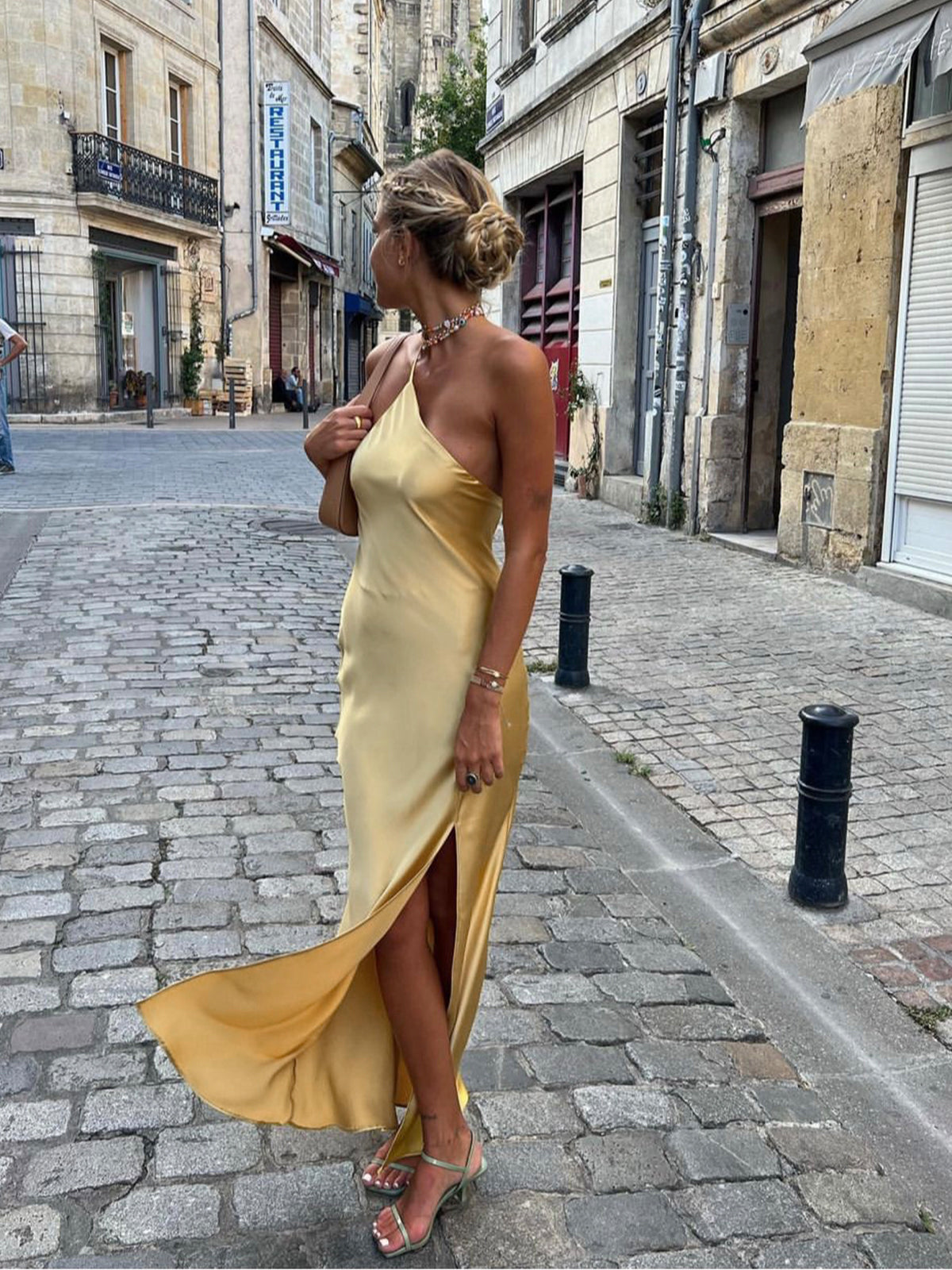 Harrow Alma elegant satin wedding guest maxi dress with open back, women’s formal evening gown for special occasions