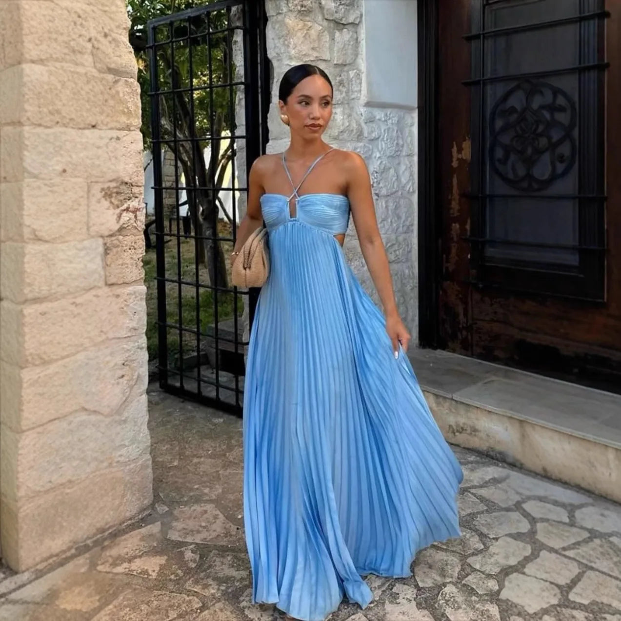 Alondra | Elegant Pleated Maxi Dress for Women Open Back