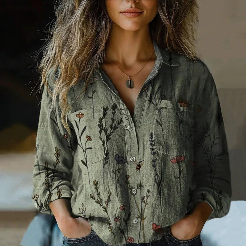 Harrow Rebecca floral linen blouse for women, featuring lightweight summer bohemian style with colorful floral print.