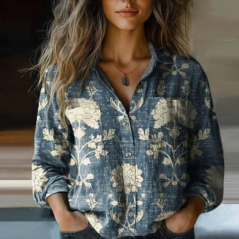 Harrow Rebecca floral linen blouse for women, lightweight bohemian summer apparel with a relaxed fit and vibrant floral pattern.