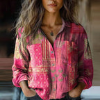 Harrow Rebecca floral linen blouse for women, lightweight summer apparel with bohemian floral design and relaxed fit.