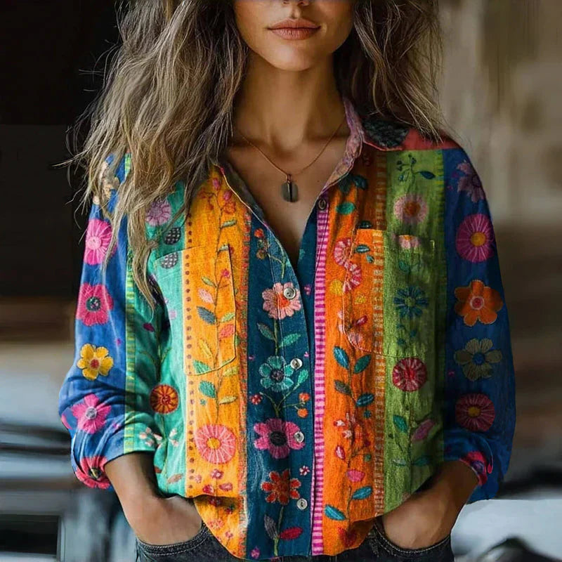 Harrow Rebecca floral linen blouse for women, featuring a lightweight, bohemian summer design with vibrant floral patterns.