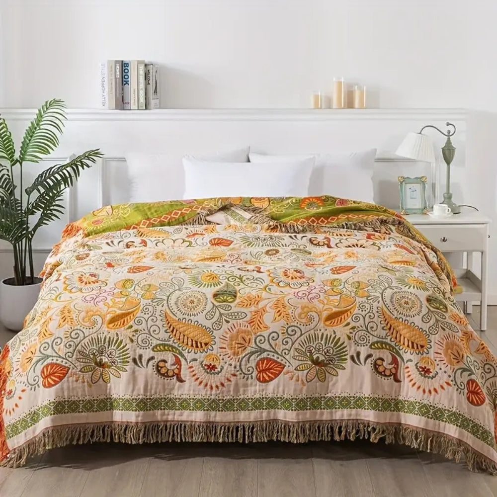 Reversible Boho Blanket Cotton Gauze Floral Design Lightweight Throw 59x79 Inches