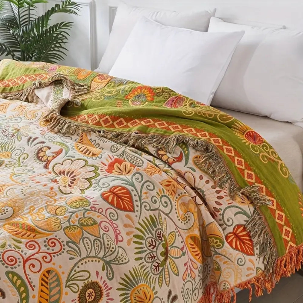 Reversible Boho Blanket Cotton Gauze Floral Design Lightweight Throw 59x79 Inches