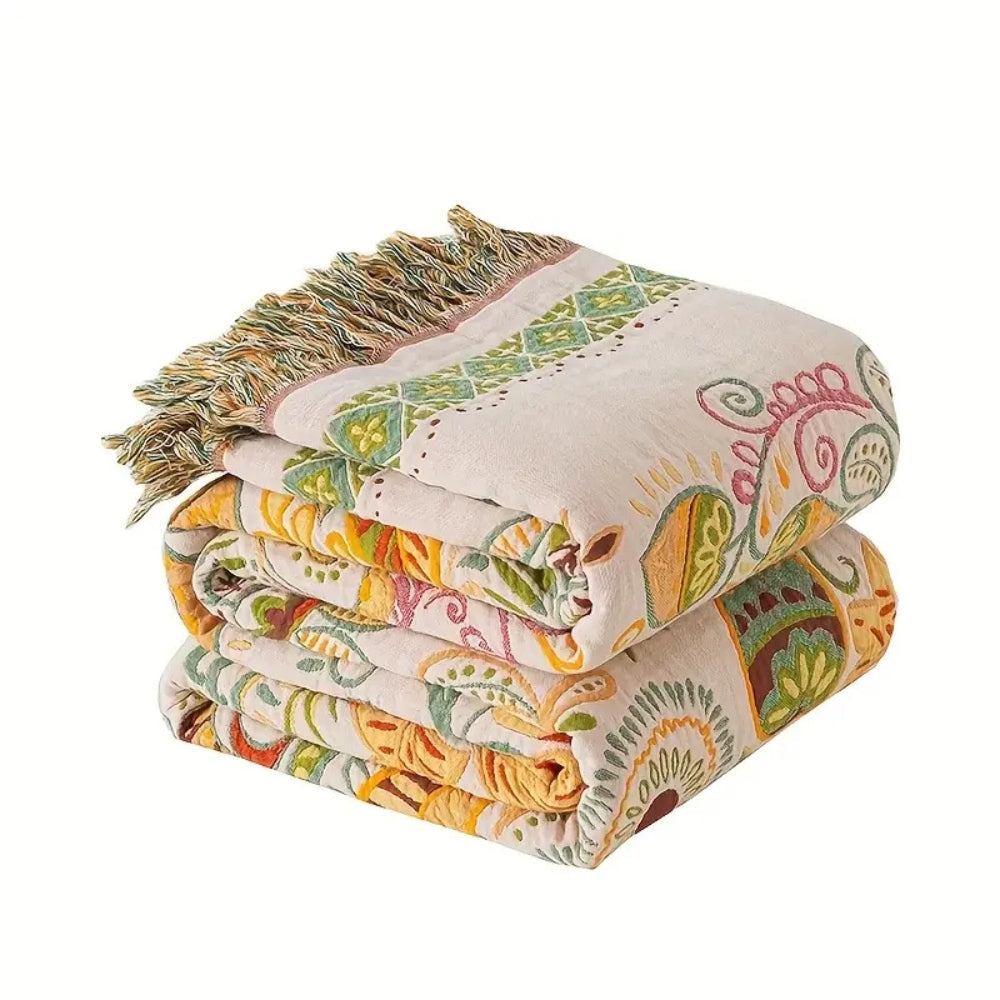 Reversible Boho Blanket Cotton Gauze Floral Design Lightweight Throw 59x79 Inches