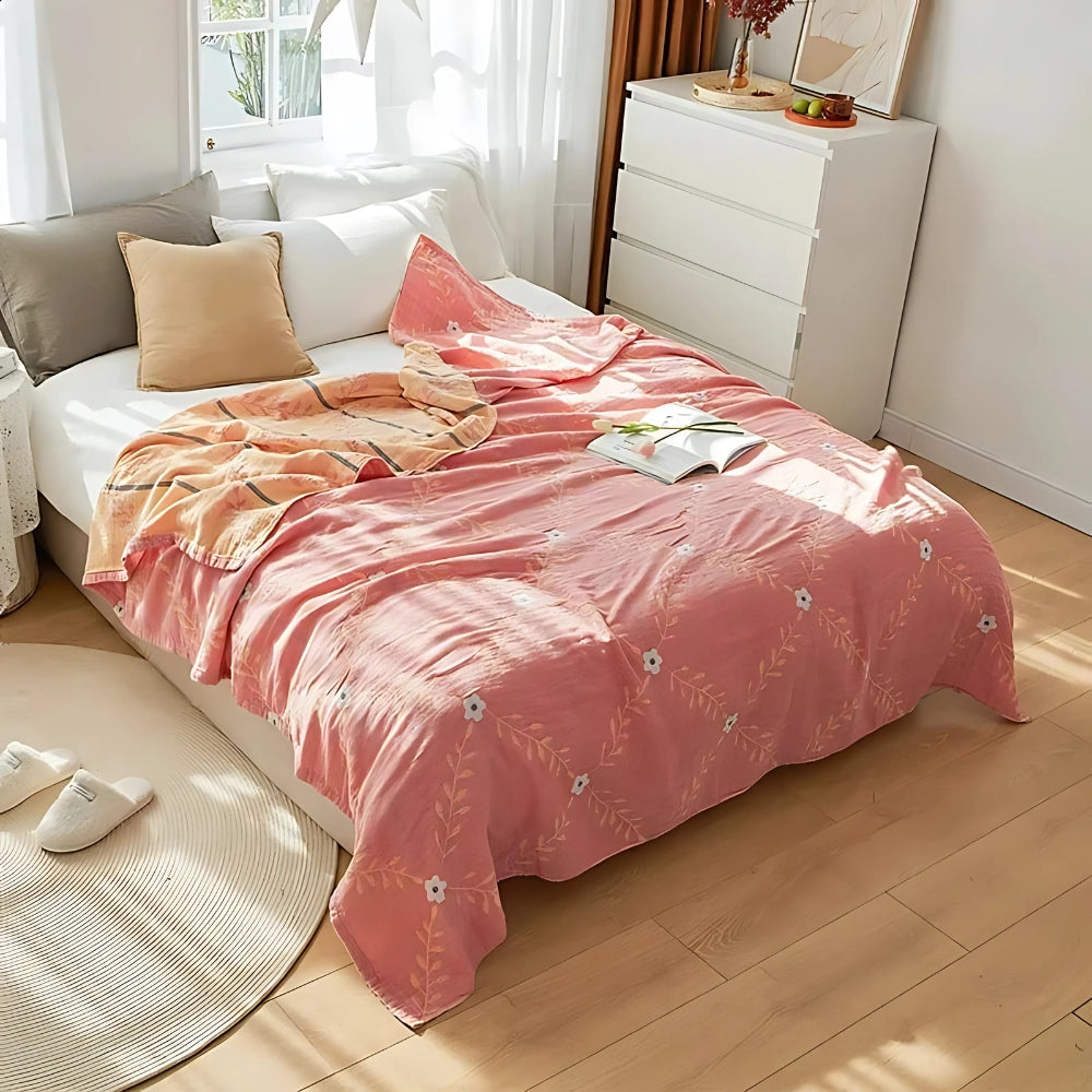 Reversible Botanical Vine Blanket 100% Cotton Lightweight Summer Throw