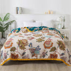 Reversible Cotton Blanket Lightweight Dual-Sided Floral Design for Couch Bed Picnic