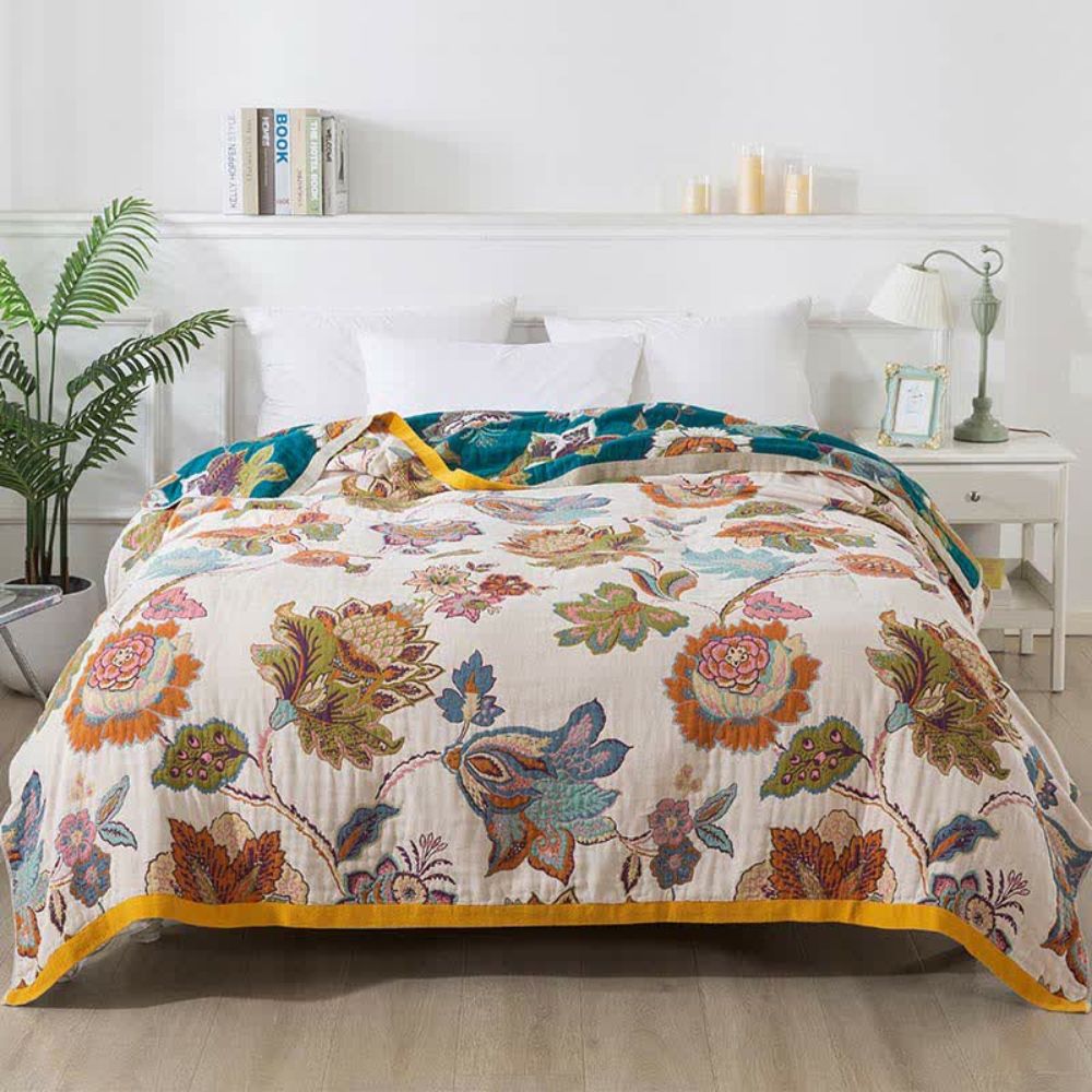 Reversible Cotton Blanket Lightweight Dual-Sided Floral Design for Couch Bed Picnic