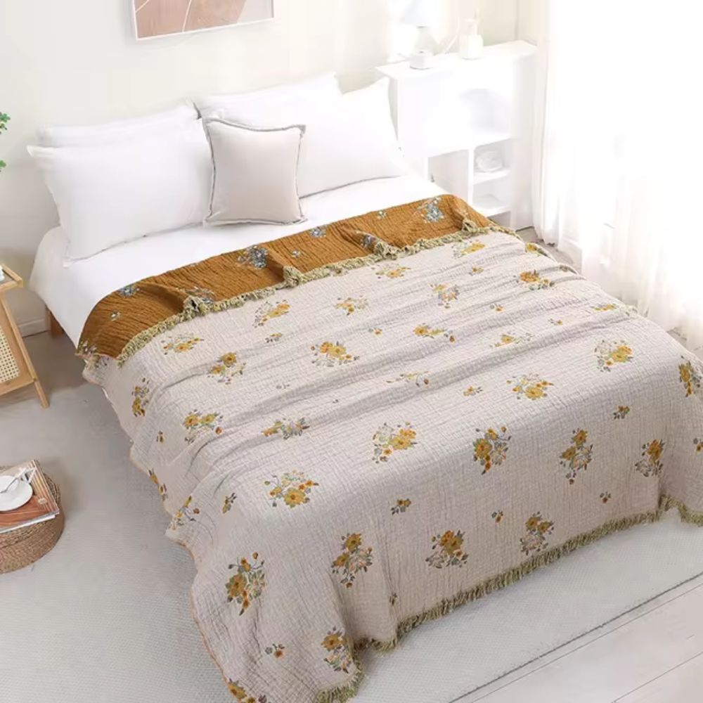 Reversible Cotton Blanket 79x90.5 Inches Vintage Floral Embroidery Tassel Fringe