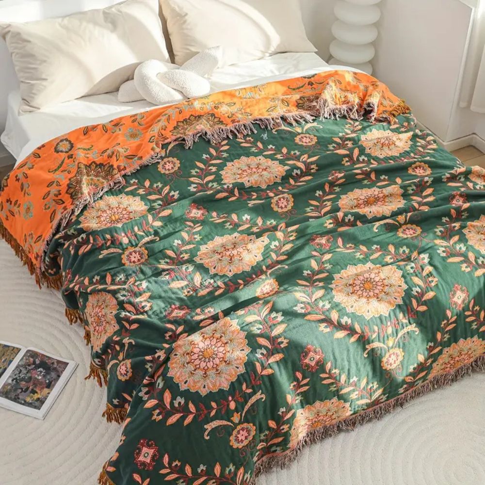 Sunfern Reversible Cotton Blanket Vintage Floral Design 59x79 Inches Cozy Throw