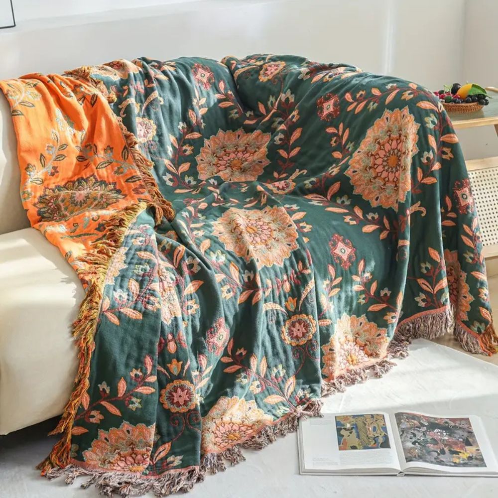 Sunfern Reversible Cotton Blanket Vintage Floral Design 59x79 Inch Cozy Throw