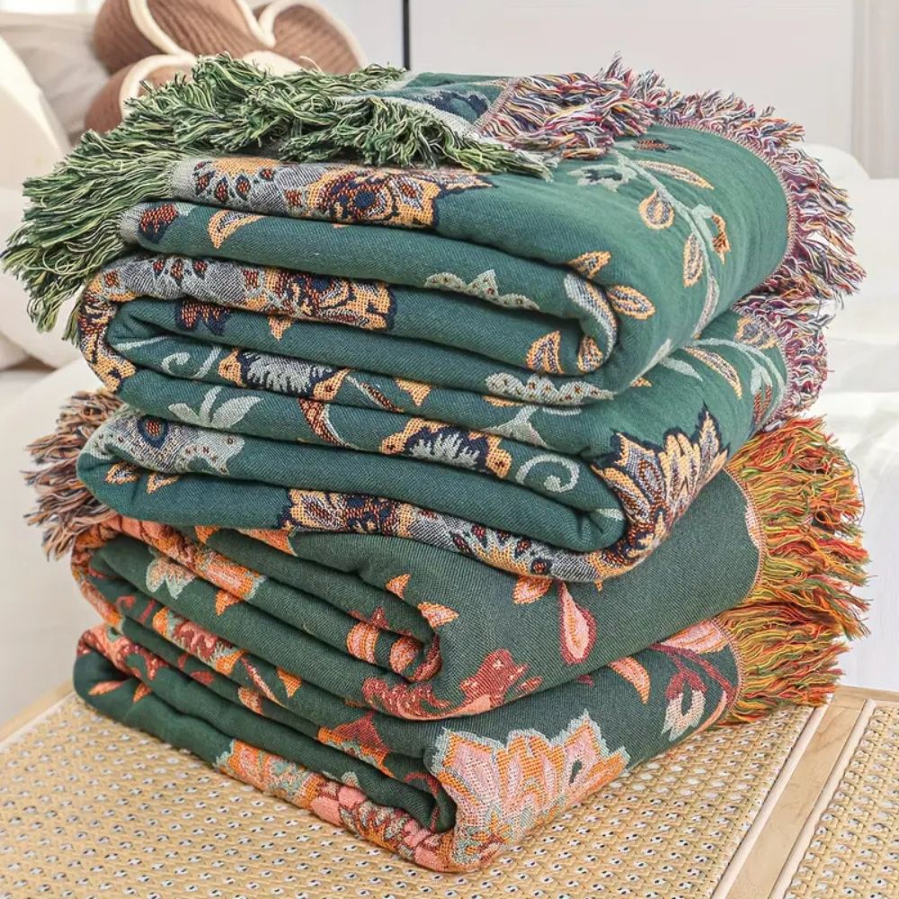 Sunfern Reversible Cotton Blanket Vintage Floral Design 59x79 Inches Cozy Throw