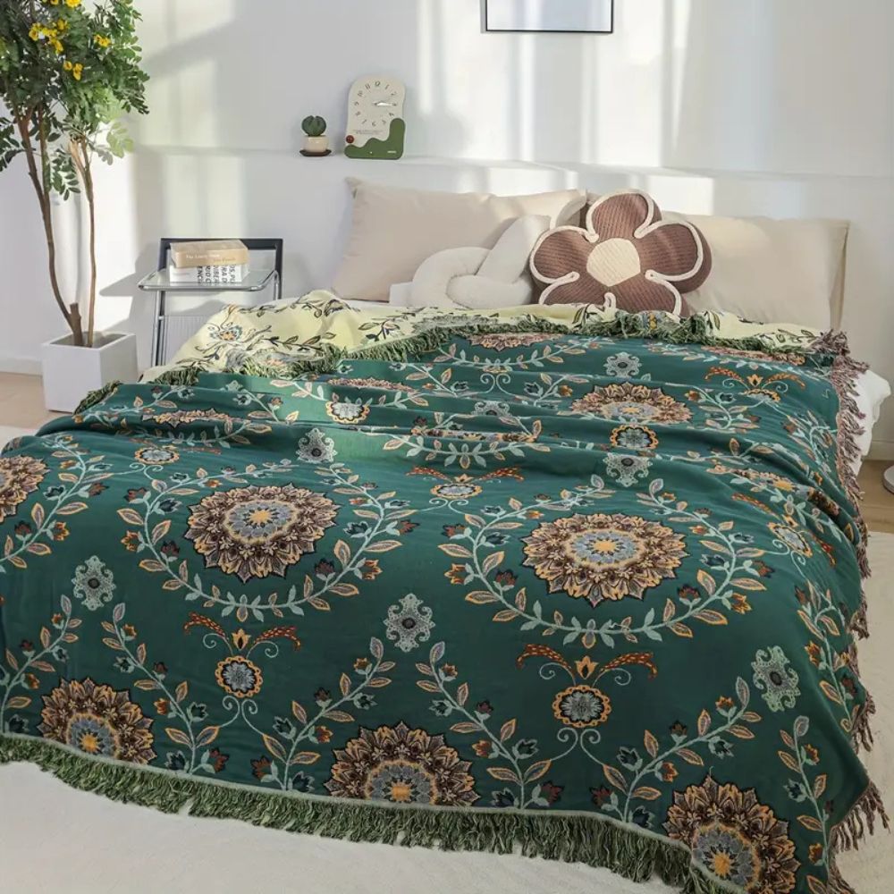 Sunfern Reversible Cotton Blanket Vintage Floral Design 59x79 Inches Cozy Throw