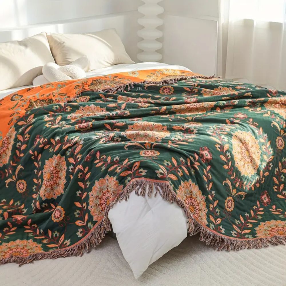 Sunfern Reversible Cotton Blanket Vintage Floral Design 59x79 Inch Cozy Throw