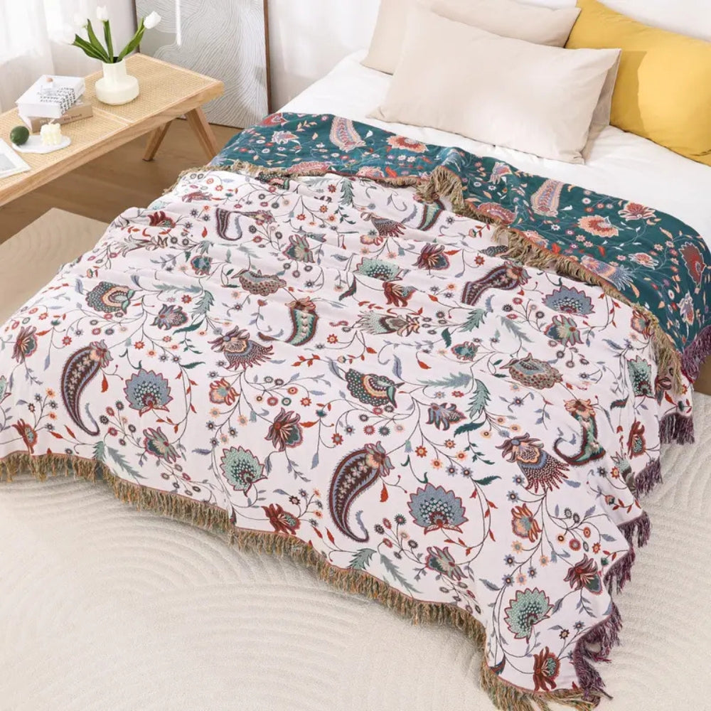 Liora Vintage Reversible Cotton Blanket Floral Pattern Soft All-Season Throw
