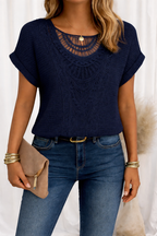 Harrow Rosa chiffon casual blouse for women with round neck and lace trim, perfect for summer wear.