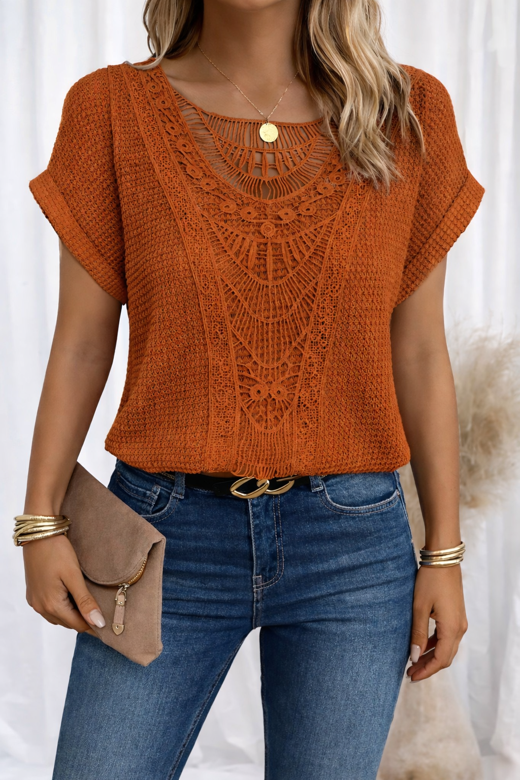 Harrow Rosa chiffon casual blouse for women with round neck and lace trim, perfect for summer wear.