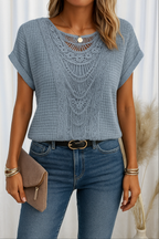 Harrow Rosa chiffon casual blouse for women with round neck and lace trim, perfect for summer wear.