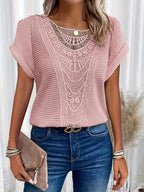 Rosa chiffon casual blouse for women by Harrow with round neckline and lace trim, perfect for summer wear.
