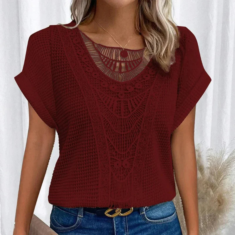 Harrow Rosa chiffon casual blouse for women with round neck and lace trim, perfect for summer wear.