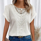 Harrow Rosa chiffon casual blouse for women with round neck and lace trim, perfect for summer wear.