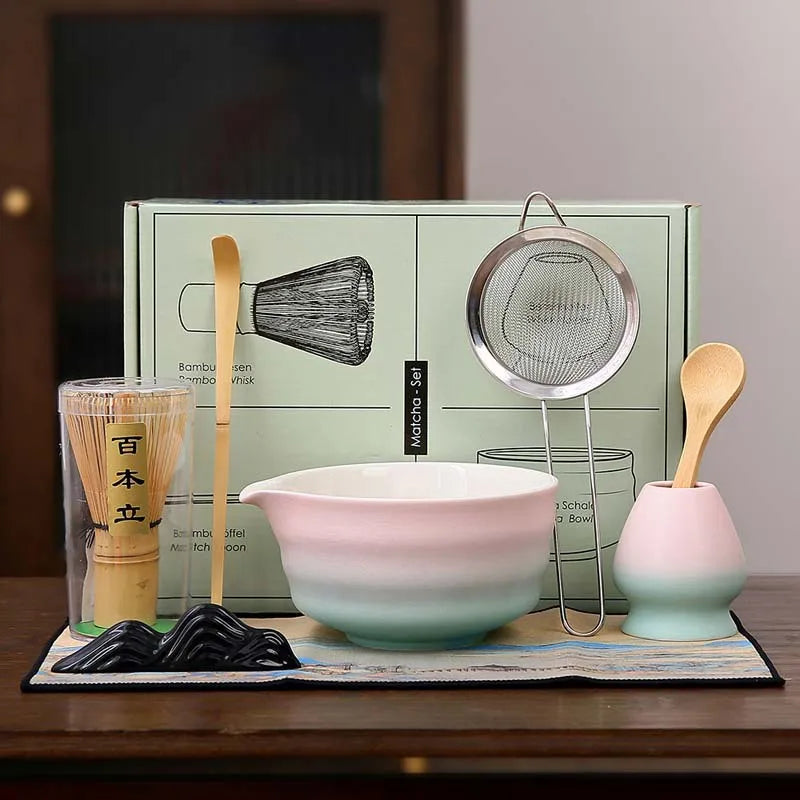 Matcha Tea Gift Set Bamboo and Ceramic Tea Making Kit 2 or 7 Pieces Natural Finish