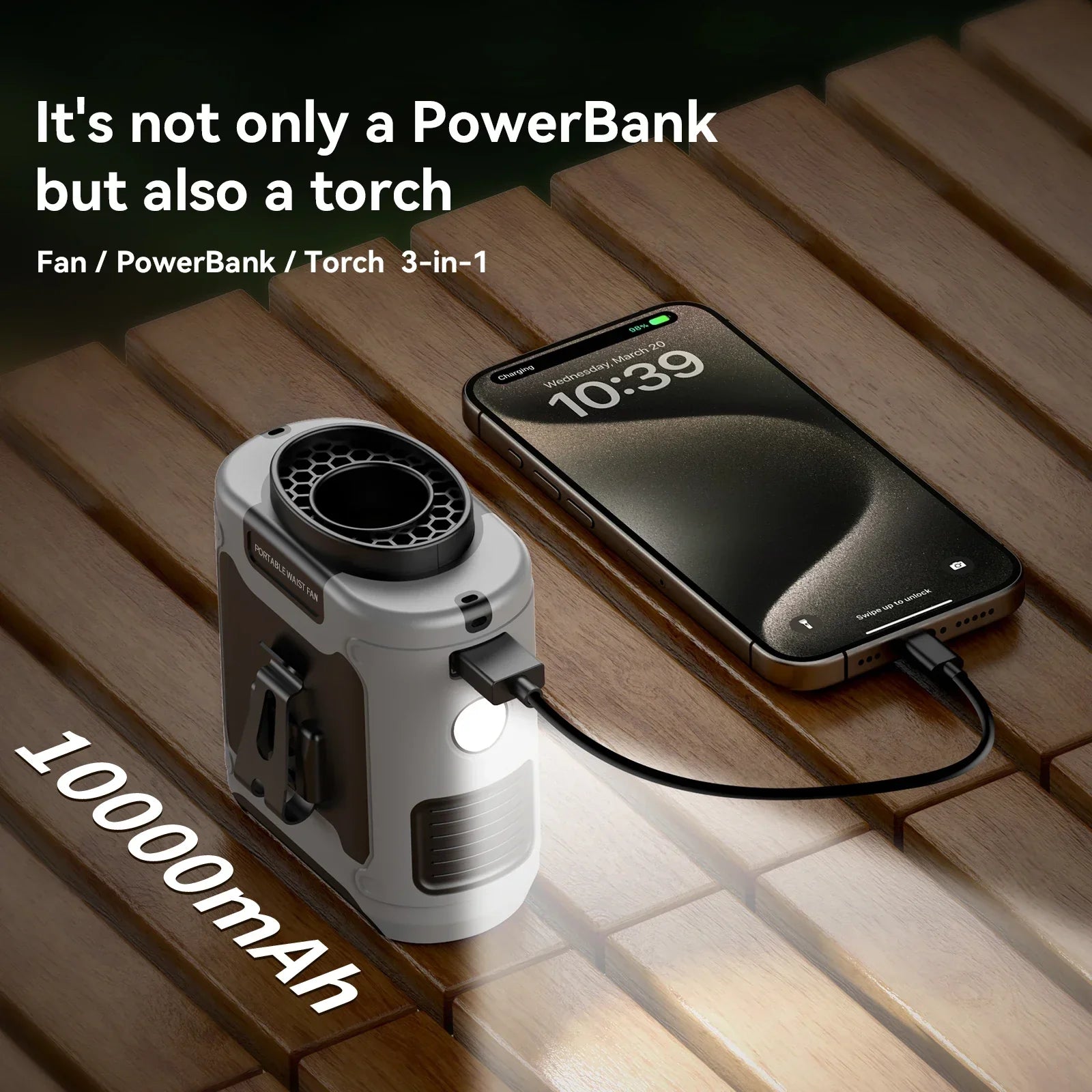 Portable Waist Fan with Power Bank 20000mAh, Hanging Neck Fan, LED Light, Strong Wind for Outdoor Work Sports