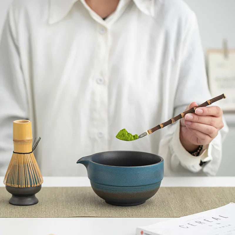 Japanese Matcha Bowl Set Ceramic Ombre Spout with Bamboo Whisk and Scoop Medium Size