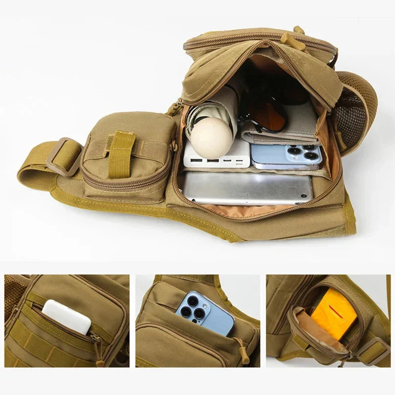 Multi-Pocket Compact Hiking Chest Bag 600D Oxford Nylon Water Resistant Crossbody Shoulder Bag