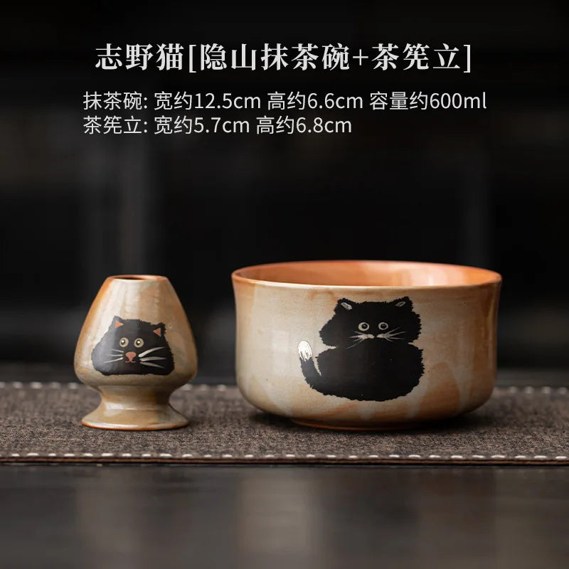Matcha Tea Set 4 Pieces Bamboo Whisk Ceramic Bowl Cat Design Traditional Japanese Teaware
