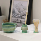 Matcha Tea Set Ceramic 4-Piece Hand-Painted Green Glaze Bowls with Bamboo Whisk and Scoop
