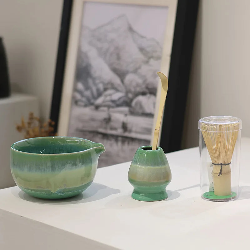Matcha Tea Set Ceramic 4-Piece Hand-Painted Green Glaze Bowls with Bamboo Whisk and Scoop
