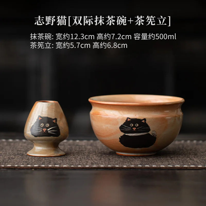 Matcha Tea Set 4 Pieces Bamboo Whisk Ceramic Bowl Cat Design Traditional Japanese Teaware