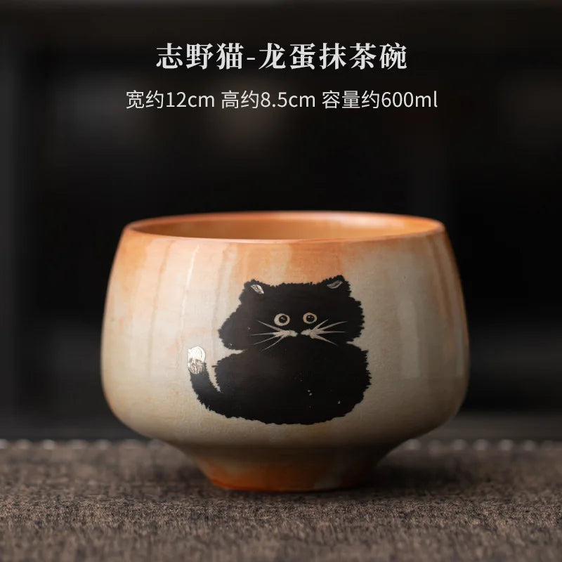 Matcha Tea Set 4 Pieces Bamboo Whisk Ceramic Bowl Cat Design Traditional Japanese Teaware