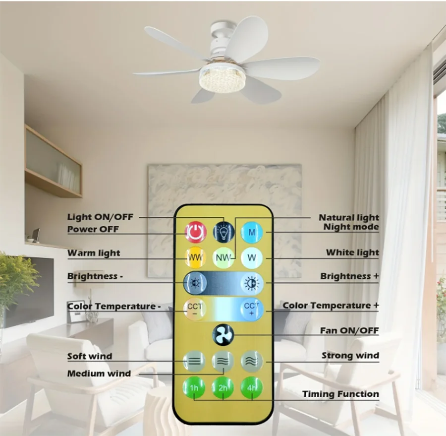Flower Pattern Energy Saving Ceiling Fan Lamp with Remote Control LED Light Modern 6-Blade Quiet Operation