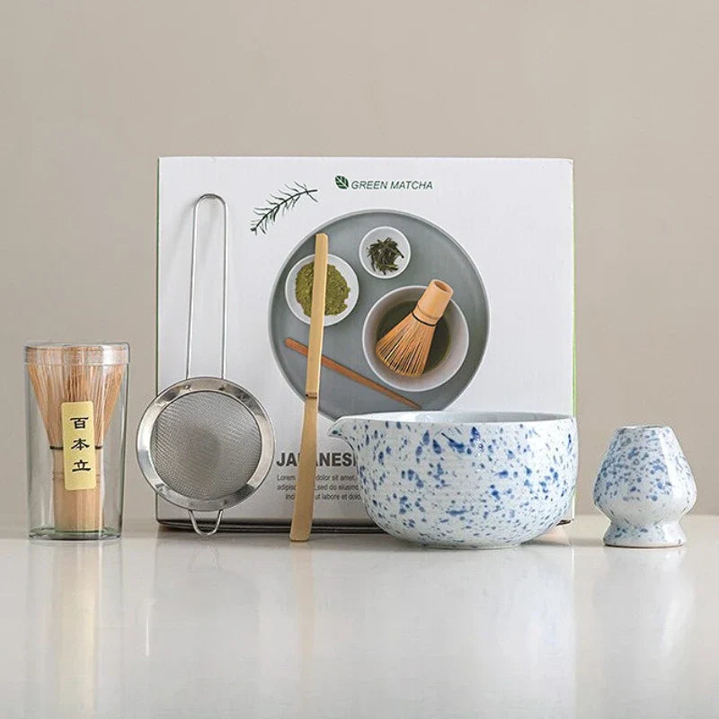 Ceramic Matcha Bowl Set with Whisk Natural Finish Standard Size Traditional Design