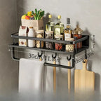 Black Aluminum Kitchen Wall Shelf with Hooks Modern Space-Saving Organizer
