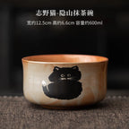 Matcha Tea Set 4 Pieces Bamboo Whisk Ceramic Bowl Cat Design Traditional Japanese Teaware