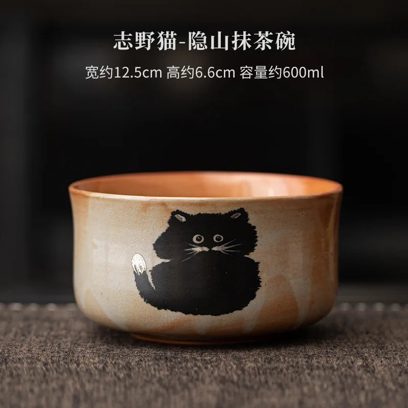 Matcha Tea Set 4 Pieces Bamboo Whisk Ceramic Bowl Cat Design Traditional Japanese Teaware